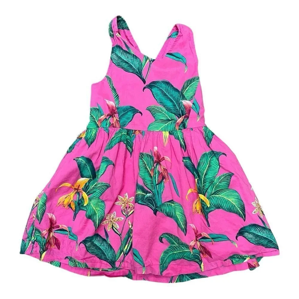 Gap Kids Girls Size S Tropical Pink Criss Cross Back Dress with Green Leaf Print